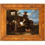 Pieter van Bloemen Lo Stendardo (attribuito a) (Anversa 1657-Anversa 1720), a) Krajina s pastierkou, koňmi a stádami; b) Kováčska dielňa. Dvojica obrazov