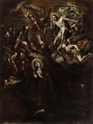Artista centro-italiano, inizio XVII secolo, Ecstasy of St Teresa with apotheosis of saints
