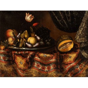 Francesco Noletti Il Maltese (ambito di) (Malta 1611-Roma 1654), Martwa natura z owocami i kwiatami na dywanie