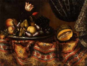 Francesco Noletti Il Maltese (ambito di) (Malta 1611-Roma 1654), Martwa natura z owocami i kwiatami na dywanie