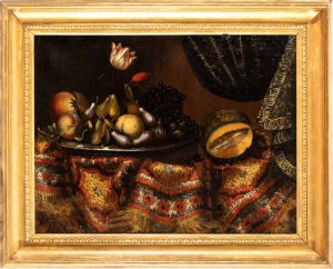 Francesco Noletti Il Maltese (ambito di) (Malta 1611 - Rím 1654), Zátišie s ovocím a kvetmi na koberci