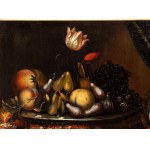 Francesco Noletti Il Maltese (ambito di) (Malta 1611-Roma 1654), Natura morta di frutta e fiori su un tappeto