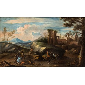 Artista veneto, fine XVII - inizio XVIII secolo, Paesaggio con agguato e cittadella sullo sfondo