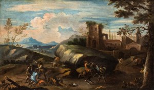 Artista veneto, fine XVII - inizio XVIII secolo, Paesaggio con agguato e cittadella sullo sfondo