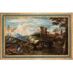 Artista veneto, fine XVII - inizio XVIII secolo, Landschaft mit Hinterhalt und Zitadelle im Hintergrund