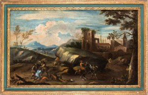 Artista veneto, fine XVII - inizio XVIII secolo, Landscape with ambush and citadel in the background
