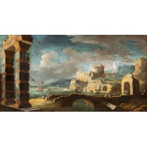 Leonardo Coccorante (Napoli 1680-Napoli 1750), Capriccio con porto e rovine