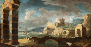 Leonardo Coccorante (Napoli 1680-Napoli 1750), Capriccio con porto e rovine