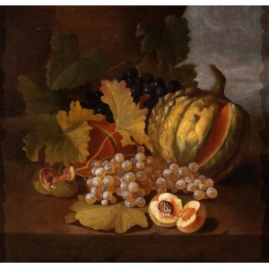 Carlo Lanfranchi (attribuito a) (Mirafiori 1632-Mirafiori 1721), Martwa natura z dynią, winogronami, brzoskwiniami i figami