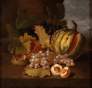 Carlo Lanfranchi (attribuito a) (Mirafiori 1632-Mirafiori 1721), Natura morta di zucca, uva, pesche e fichi