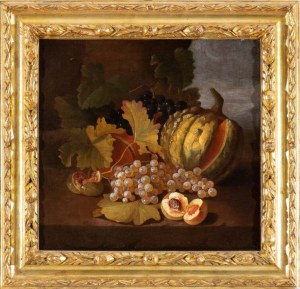 Carlo Lanfranchi (attribuito a) (Mirafiori 1632 - Mirafiori 1721), Zátišie s tekvicou, hroznom, broskyňami a figami