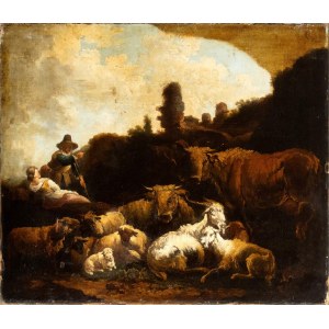 Philipp Peter Roos Rosa da Tivoli (cerchia di) (Frankfurt 1655 ok.-Tivoli 1706), Pejzaż z pasterzami i stadami