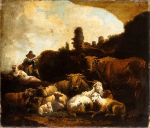 Philipp Peter Roos Rosa da Tivoli (cerchia di) (Frankfurt 1655 ok.-Tivoli 1706), Pejzaż z pasterzami i stadami