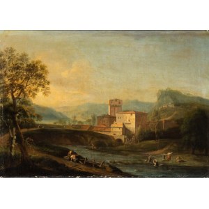 Artista attivo a Roma, XVIII secolo, Landscape with watercourse, figures and village in the background