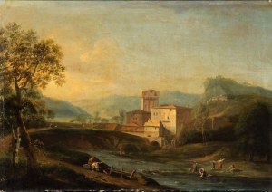 Artista attivo a Roma, XVIII secolo, Paesaggio con corso d'acqua, figure e villaggio sullo sfondo
