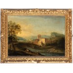 Artista attivo a Roma, XVIII secolo, Krajina s vodním tokem, postavami a vesnicí v pozadí