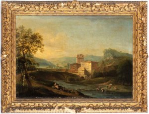 Artista attivo a Roma, XVIII secolo, Pejzaż z ciekiem wodnym, postaciami i wioską w tle