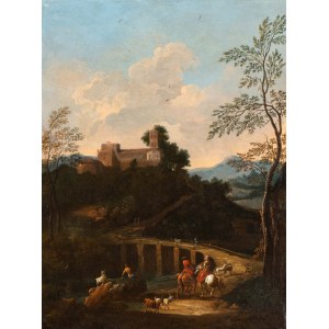 Giovanni Battista Busiri (attribuito a) (Roma 1698-Roma 1757), Landschaft mit Brücke, Reitern, Hirten und Herden