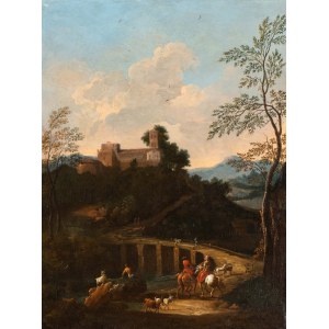 Giovanni Battista Busiri (attribuito a) (Roma 1698-Roma 1757), Paesaggio con ponte, cavalieri, pastori e armenti