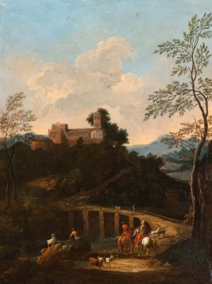 Giovanni Battista Busiri (attribuito a) (Roma 1698-Roma 1757), Landscape with bridge, horsemen, shepherds and herds