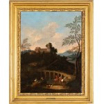 Giovanni Battista Busiri (attribuito a) (Roma 1698-Roma 1757), Landschaft mit Brücke, Reitern, Hirten und Herden