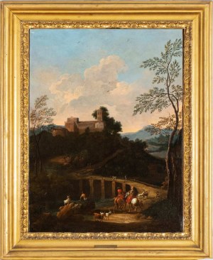 Giovanni Battista Busiri (attribuito a) (Roma 1698-Roma 1757), Pejzaż z mostem, jeźdźcami, pasterzami i stadami