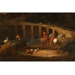Giovanni Battista Busiri (attribuito a) (Roma 1698-Roma 1757), Paesaggio con ponte, cavalieri, pastori e armenti