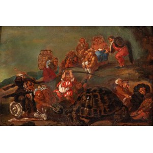 Artista bresciano, XVIII secolo, Pygmies fighting with a tortoise