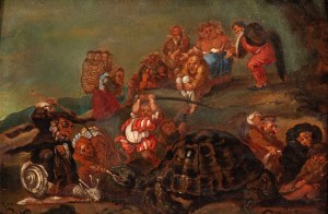 Artista bresciano, XVIII secolo, Pygmies fighting with a tortoise