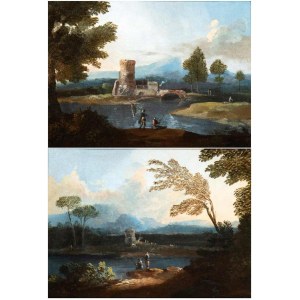 Paolo Anesi (1697-1773), a) Pejzaż z rzeką, mostem i dwoma rybakami; b) Pejzaż z rzeką, murem i dwoma rybakami. Para obrazów