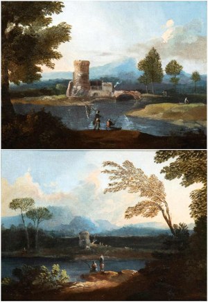 Paolo Anesi (1697-1773), a) Paysage avec rivière, pont et deux pêcheurs ; b) Paysage avec rivière, donjon et deux pêcheurs. Paire de peintures
