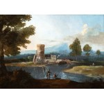 Paolo Anesi (1697-1773), a) Paysage avec rivière, pont et deux pêcheurs ; b) Paysage avec rivière, donjon et deux pêcheurs. Paire de peintures