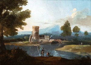 Paolo Anesi (1697-1773), a) Paesaggio con fiume, ponte e due pescatori; b) Paesaggio con fiume, torrione e due pescatori. Coppia di dipinti