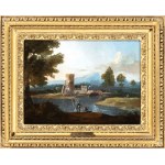 Paolo Anesi (1697-1773), a) Pejzaż z rzeką, mostem i dwoma rybakami; b) Pejzaż z rzeką, murem i dwoma rybakami. Para obrazów