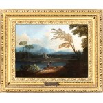 Paolo Anesi (1697-1773), a) Krajina s řekou, mostem a dvěma rybáři; b) Krajina s řekou, pevností a dvěma rybáři. Dvojice obrazů