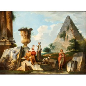 Giovanni Paolo Panini (seguace di) (Piacenza 1691-Roma 1756), Architektonické capriccio s postavami a pyramidou Cestia