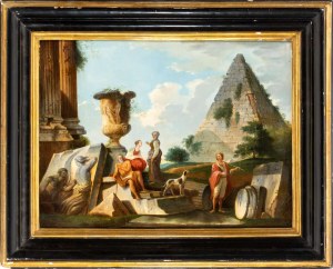 Giovanni Paolo Panini (seguace di) (Piacenza 1691 - Roma 1756), Architektonické capriccio s postavami a pyramídou Cestia