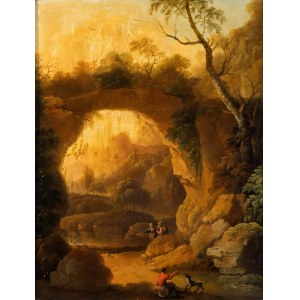 Gaspar de Witte (attribuito a) (Anversa 1624-Anversa 1681), Paesaggio con arco di roccia, specchio d'acqua e figure