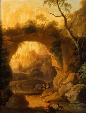 Gaspar de Witte (attribuito a) (Anversa 1624-Anversa 1681), Paesaggio con arco di roccia, specchio d'acqua e figure