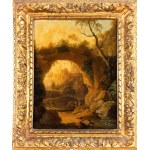 Gaspar de Witte (attribuito a) (Anversa 1624-Anversa 1681), Paesaggio con arco di roccia, specchio d'acqua e figure