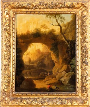 Gaspar de Witte (attribuito a) (Anversa 1624-Anversa 1681), Paesaggio con arco di roccia, specchio d'acqua e figure