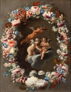 Filippo Lauri (atribut a) - Mario Nuzzi Mario de' Fiori (atribut a) (Roma 1603-Roma 1673, Roma 1623-Roma 1694), Květinový věnec s putti