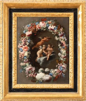 Filippo Lauri (attribuito a) - Mario Nuzzi Mario de' Fiori (attribuito a) (Roma 1603-Roma 1673, Roma 1623-Roma 1694), Ghirlanda di fiori con putti