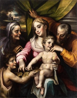 Artista fiammingo attivo in Italia, ultimo quarto del XVI secolo, Heilige Familie mit St. Anna und St. Johannes