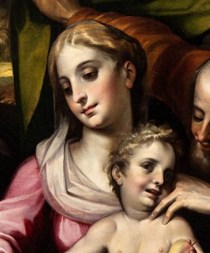 Artista fiammingo attivo in Italia, ultimo quarto del XVI secolo, Heilige Familie mit St. Anna und St. Johannes