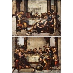 Luca Giordano (attribuito a) (Napoli 1634-1705), a) Supper in the House of the Pharisee; b) The Wedding at Canaan. Pair of paintings