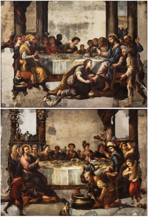 Luca Giordano (attribuito a) (Neapol 1634-1705), a) Wieczerza w domu faryzeusza; b) Wesele w Kanaanie. Para obrazów