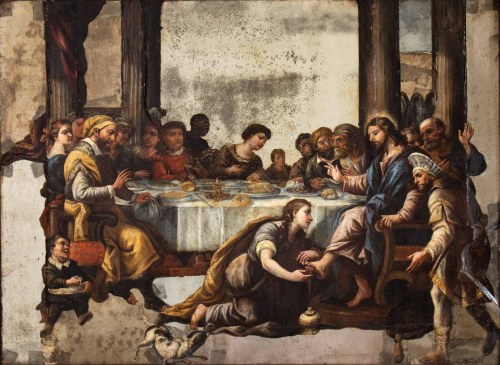 Luca Giordano (attribuito a) (Napoli 1634-1705), a) Supper in the House of the Pharisee; b) The Wedding at Canaan. Pair of paintings