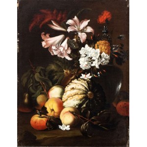 Abraham Brueghel (Anversa 1631-Napoli 1697), Stillleben mit Kürbis, Pfirsichen und Nelken, Hyazinthen und Lilien in einem Krug