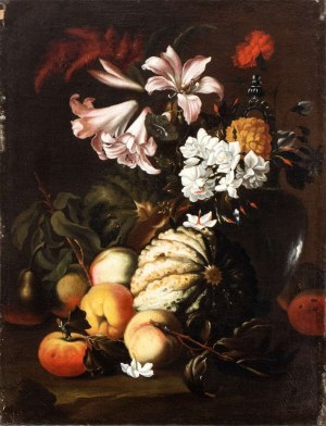 Abraham Brueghel (Anversa 1631-Napoli 1697), Still life with pumpkin, peaches and carnations, hyacinths and lilies in a pitcher